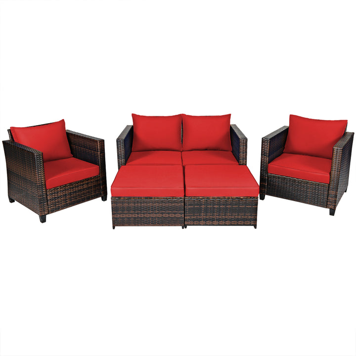 5PCS Outdoor Patio Rattan Conversation Sofa Furniture Set w/ Red Cushions Image 10