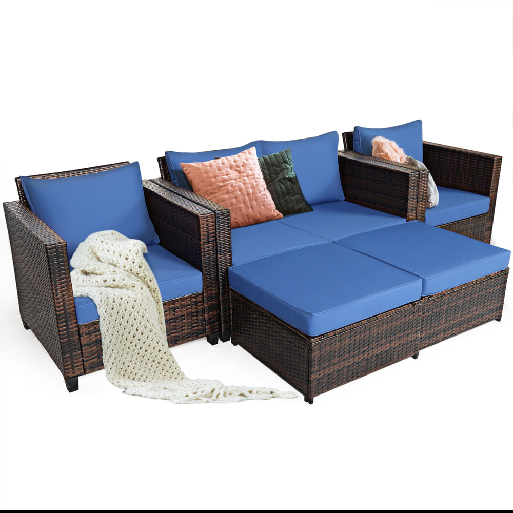 5PCS Outdoor Patio Rattan Conversation Sofa Furniture Set w/ Navy Cushions Image 2