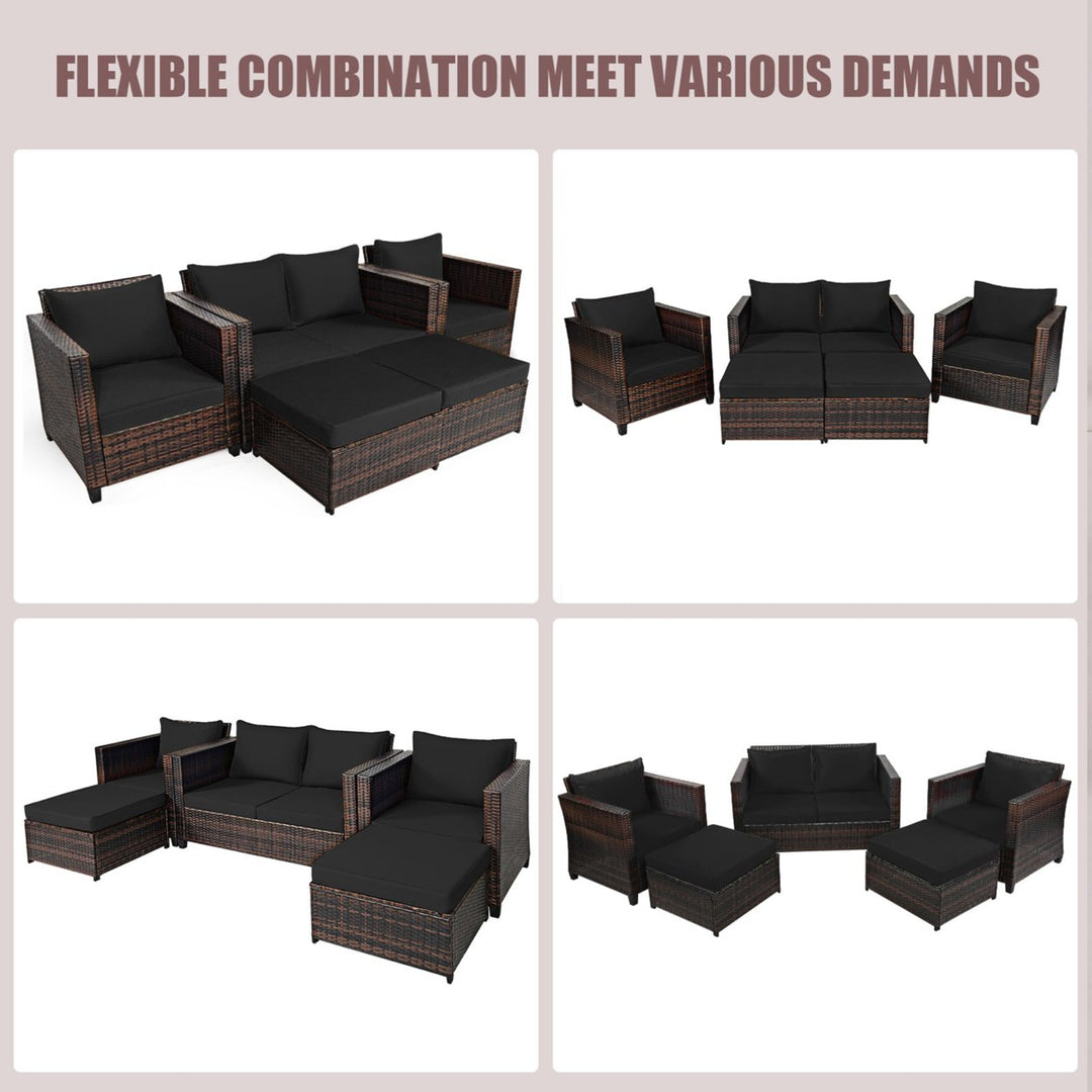 5PCS Outdoor Patio Rattan Conversation Sofa Furniture Set w/ Black Cushions Image 7