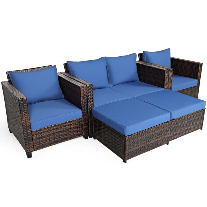 5PCS Outdoor Patio Rattan Conversation Sofa Furniture Set w/ Navy Cushions Image 8