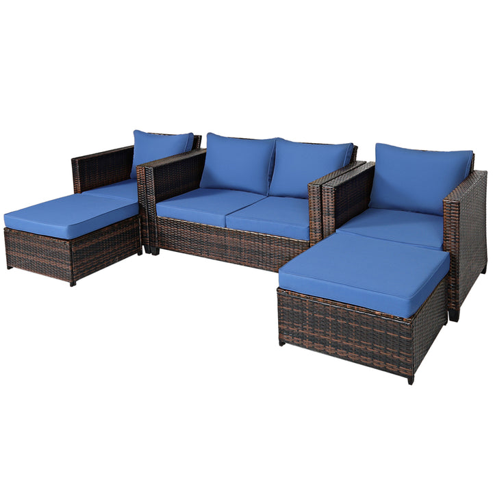 5PCS Outdoor Patio Rattan Conversation Sofa Furniture Set w/ Navy Cushions Image 9