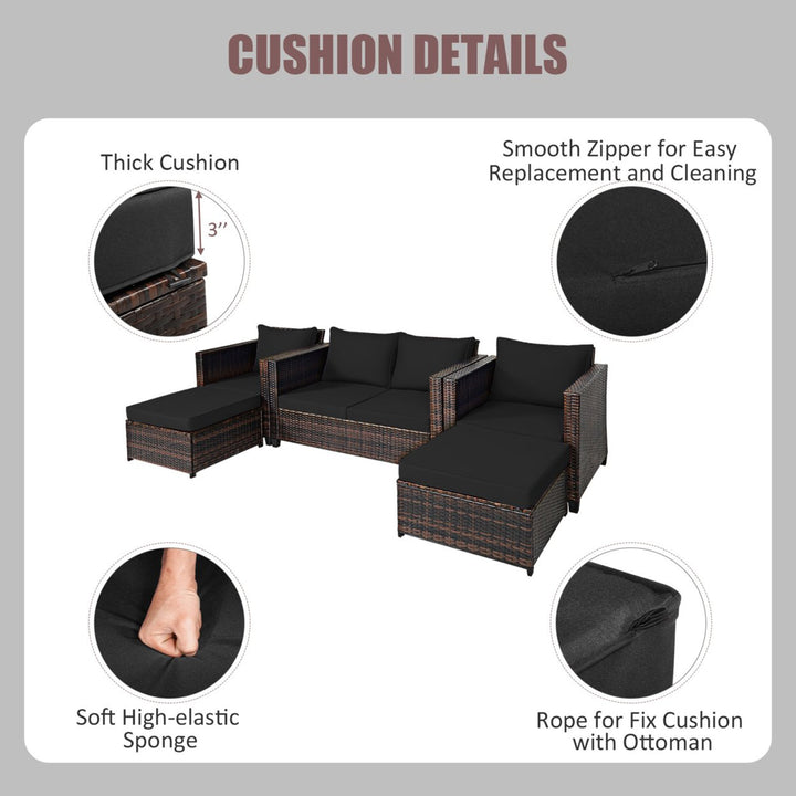 5PCS Outdoor Patio Rattan Conversation Sofa Furniture Set w/ Black Cushions Image 4