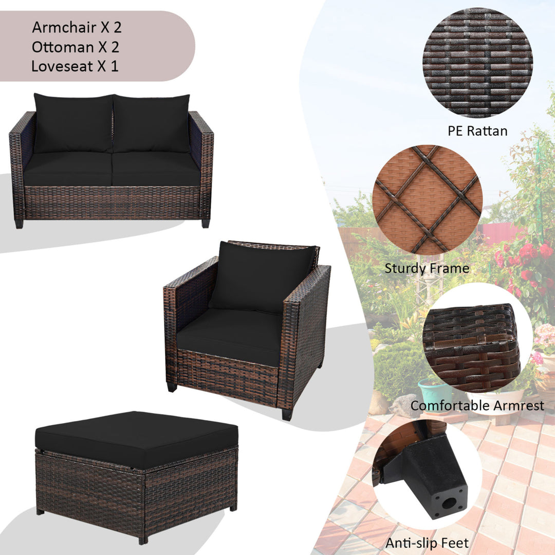 5PCS Outdoor Patio Rattan Conversation Sofa Furniture Set w/ Black Cushions Image 5