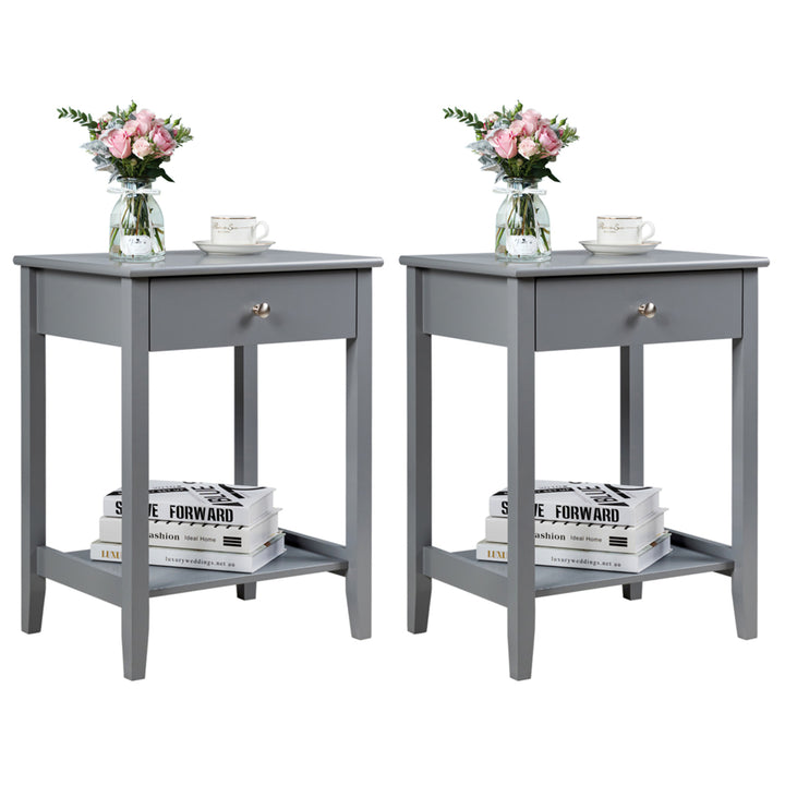 2PCS Nightstand Sofa Side End Table Bedroom Living Room w/ Shelf Drawer Grey Image 1