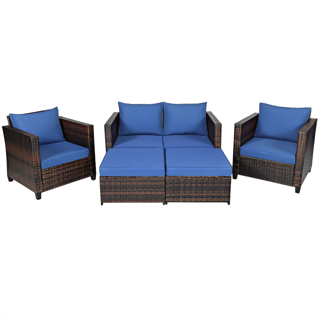 5PCS Outdoor Patio Rattan Conversation Sofa Furniture Set w/ Navy Cushions Image 10