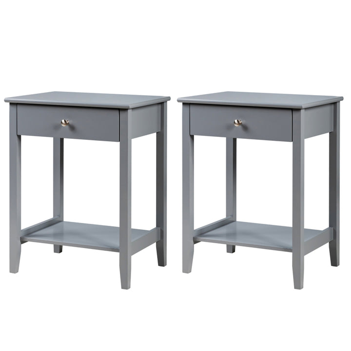 2PCS Nightstand Sofa Side End Table Bedroom Living Room w/ Shelf Drawer Grey Image 3