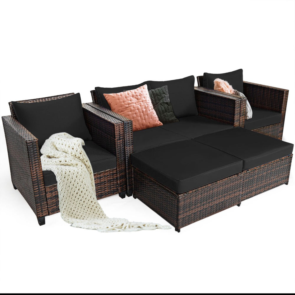 5PCS Outdoor Patio Rattan Conversation Sofa Furniture Set w/ Black Cushions Image 2