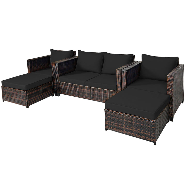 5PCS Outdoor Patio Rattan Conversation Sofa Furniture Set w/ Black Cushions Image 8