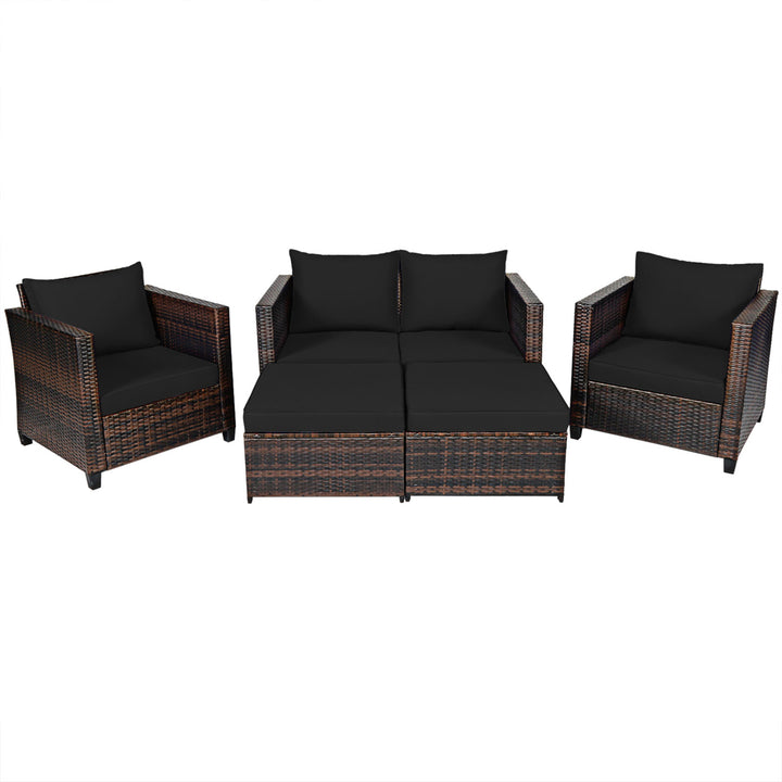 5PCS Outdoor Patio Rattan Conversation Sofa Furniture Set w/ Black Cushions Image 9