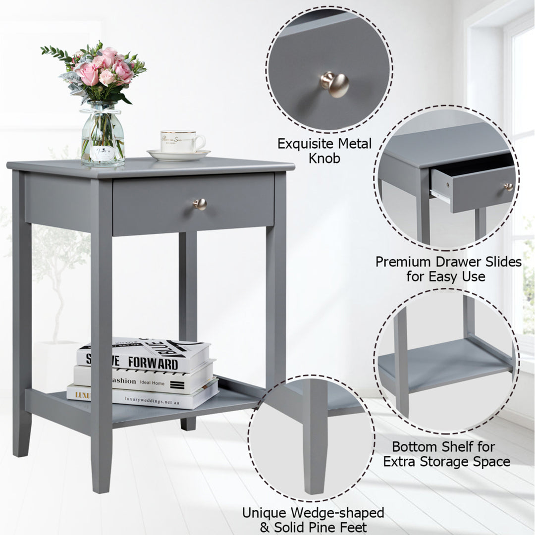 2PCS Nightstand Sofa Side End Table Bedroom Living Room w/ Shelf Drawer Grey Image 10