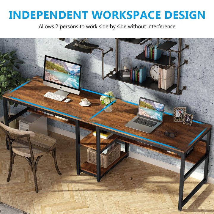 Tribesigns 78 Inch Two Person Desk Rustic Double Workstation with Shelf Image 3