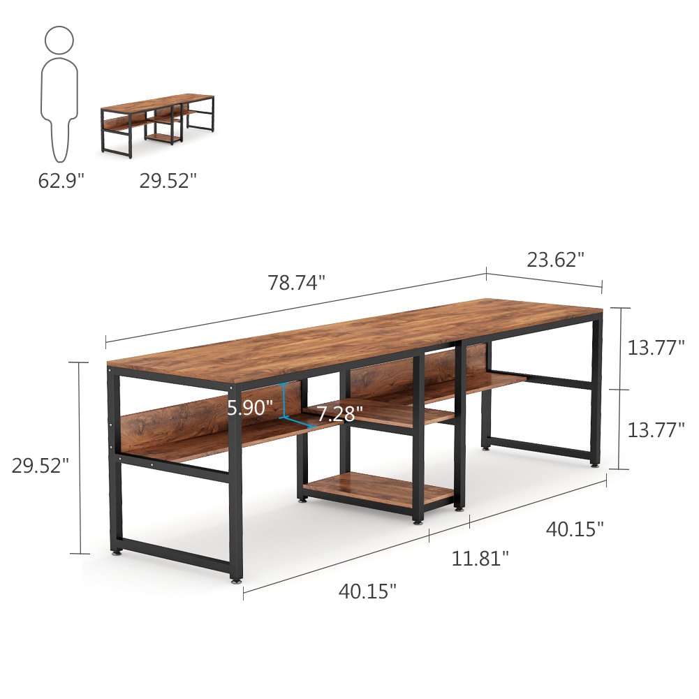 Tribesigns 78 Inch Two Person Desk Rustic Double Workstation with Shelf Image 5