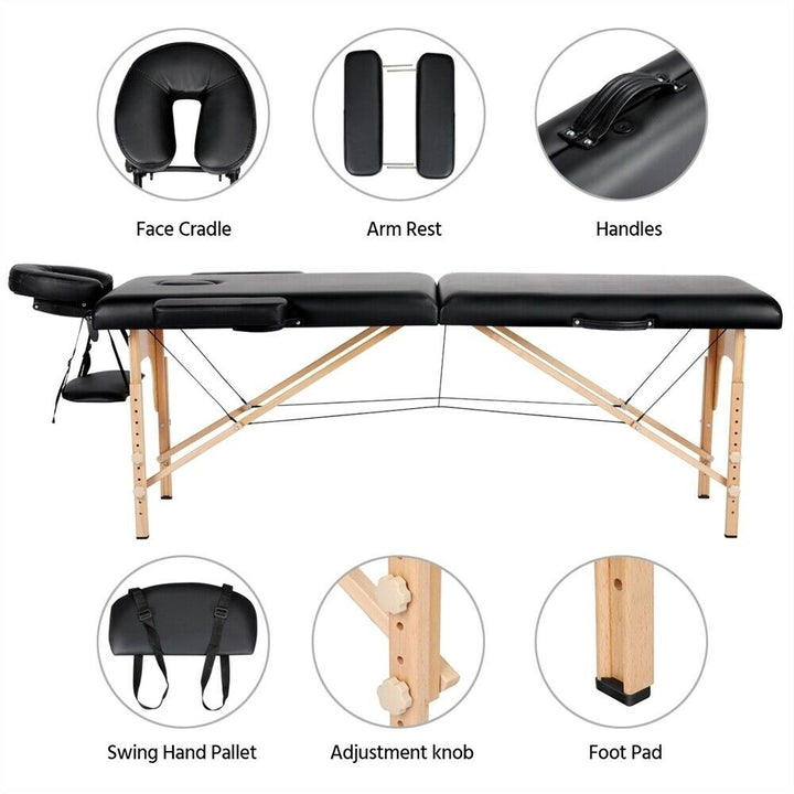 Adjustable Massage Bed 2 Sections Folding Massage Couch Portable Spa Table Black Image 1