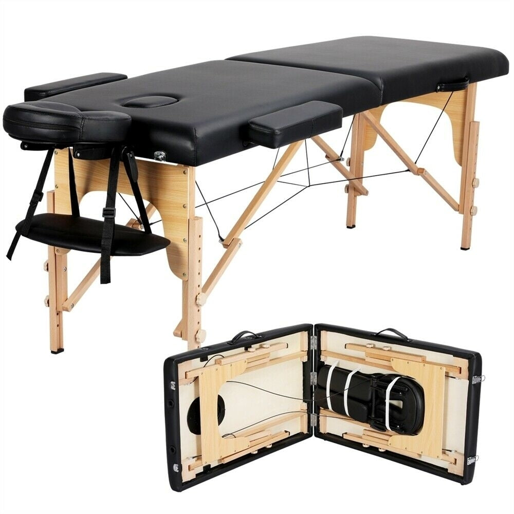 Adjustable Massage Bed 2 Sections Folding Massage Couch Portable Spa Table Black Image 2