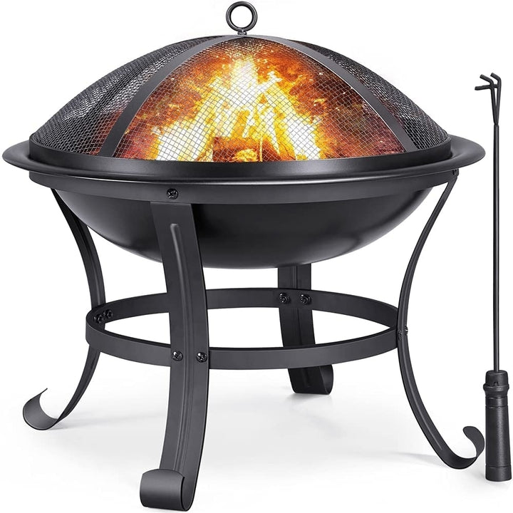 22in Fire Pit Outdoor Wood Burning Firepit BBQ Grill Steel Fire Bowl with Spark Screen Cover, Log Grate, Poker Image 1