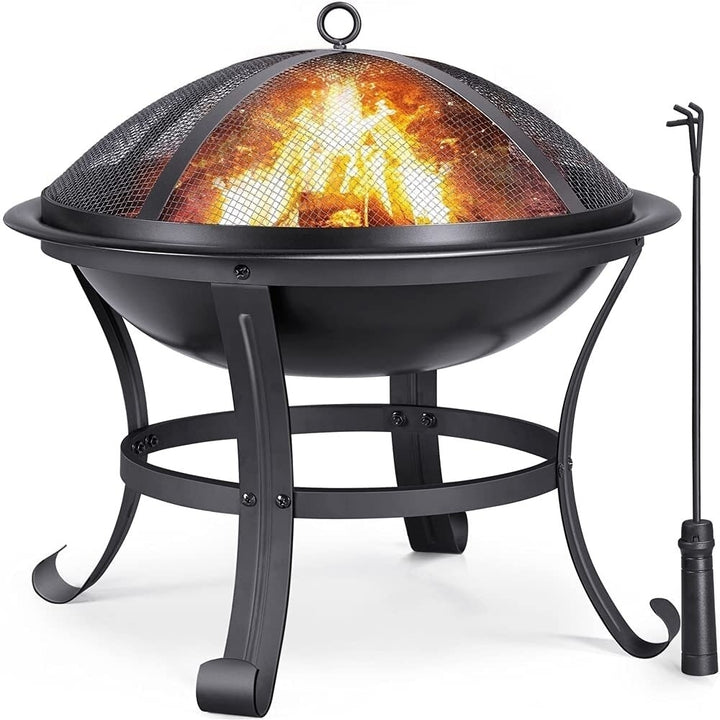 22in Fire Pit Outdoor Wood Burning Firepit BBQ Grill Steel Fire Bowl with Spark Screen Cover, Log Grate, Poker Image 4