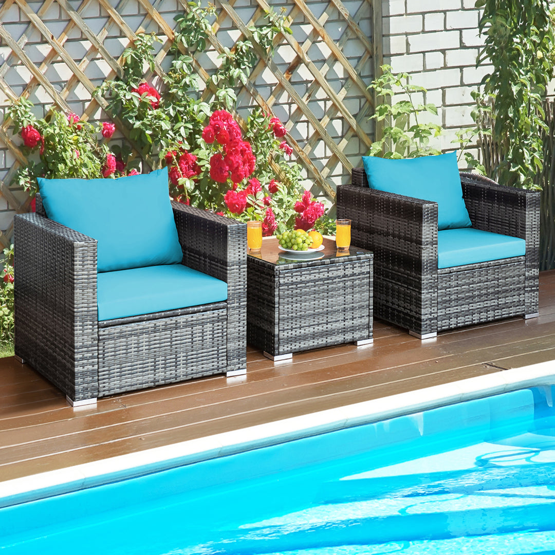 3PCS Rattan Patio Conversation Furniture Set Outdoor Yard w/ Turquoise Cushion Image 1