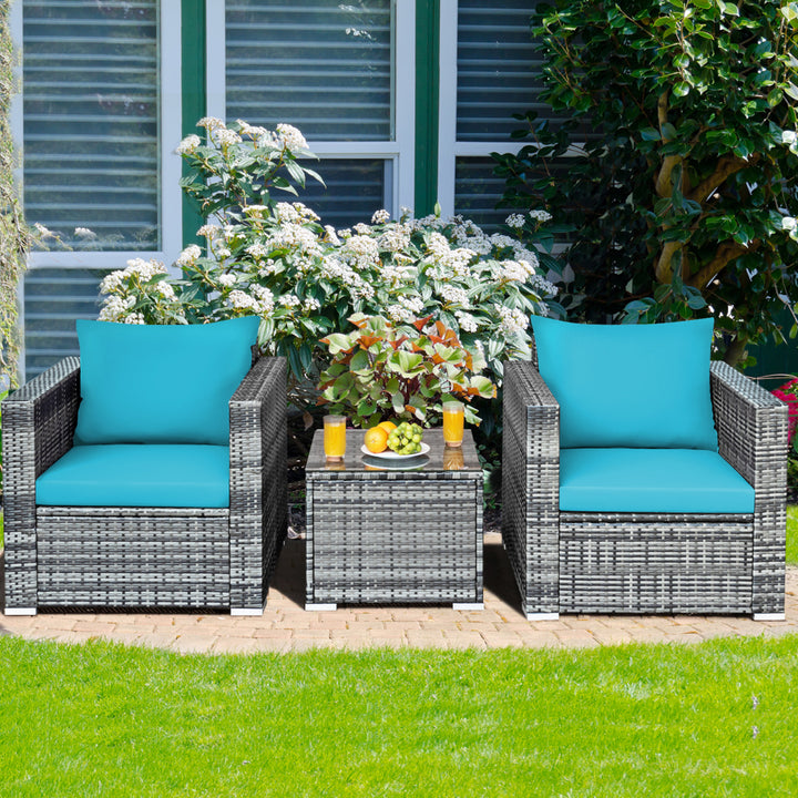 3PCS Rattan Patio Conversation Furniture Set Outdoor Yard w/ Turquoise Cushion Image 4