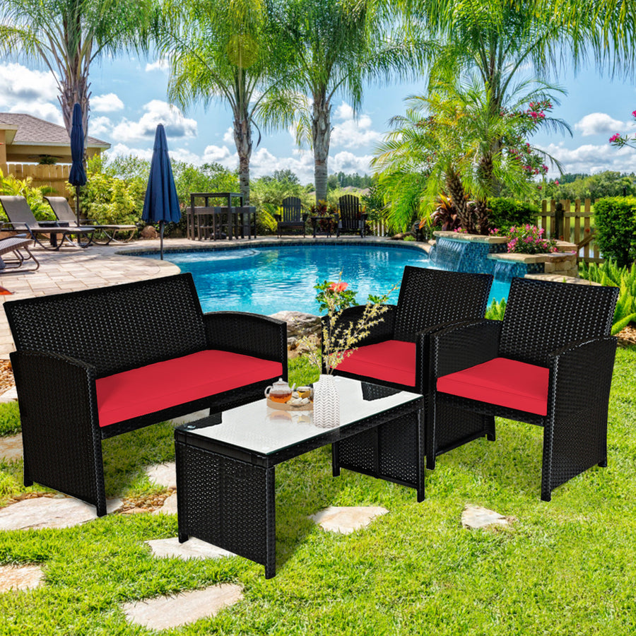 4PCS Rattan Outdoor Conversation Set Patio Furniture Set w/ Red Cushions Image 1