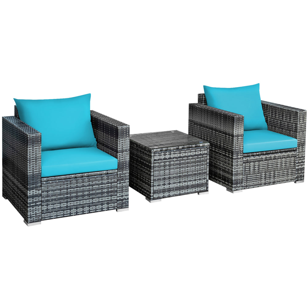 3PCS Rattan Patio Conversation Furniture Set Outdoor Yard w/ Turquoise Cushion Image 2