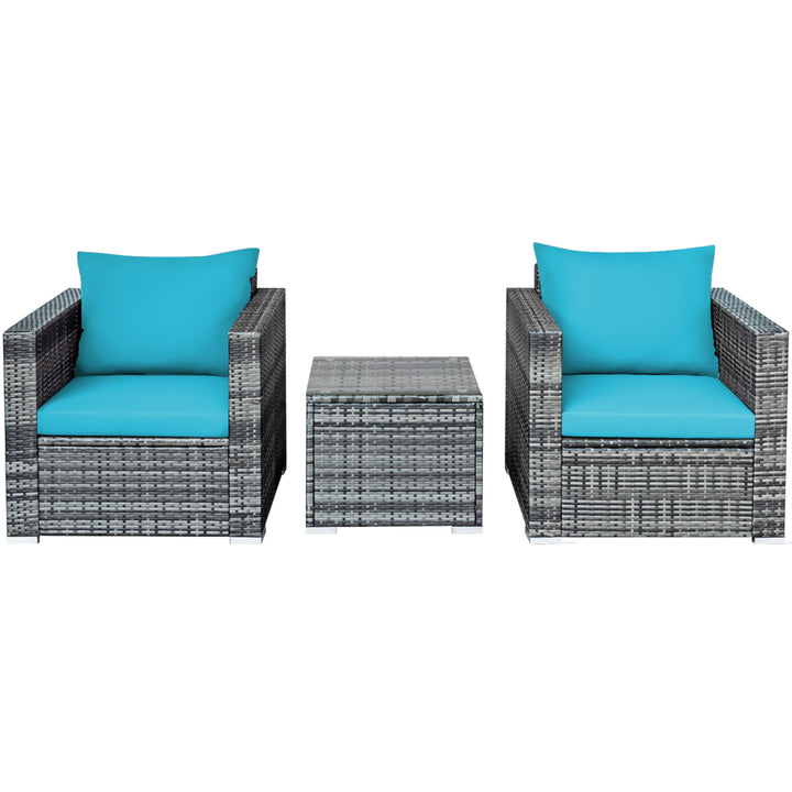 3PCS Rattan Patio Conversation Furniture Set Outdoor Yard w/ Turquoise Cushion Image 10