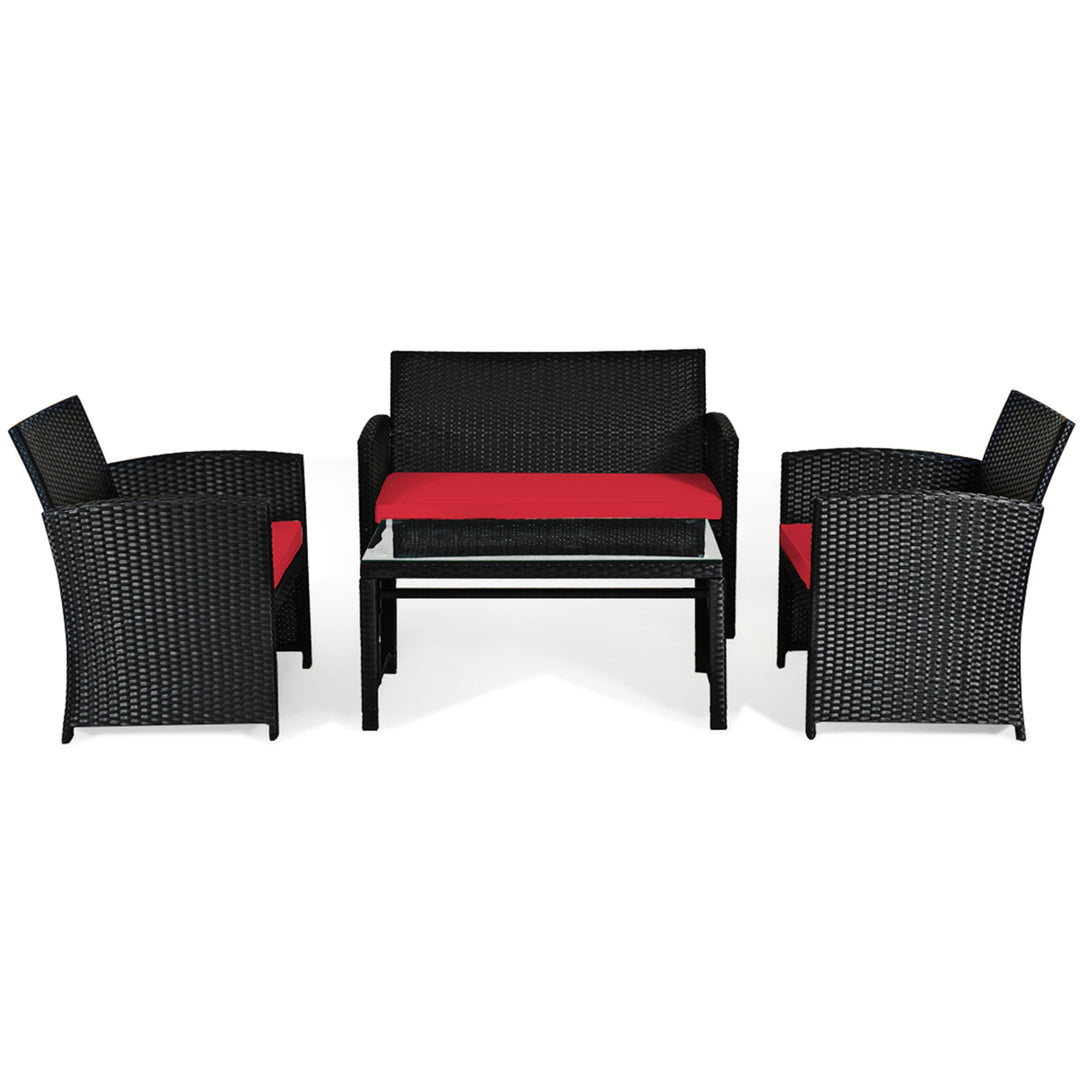 4PCS Rattan Outdoor Conversation Set Patio Furniture Set w/ Red Cushions Image 9