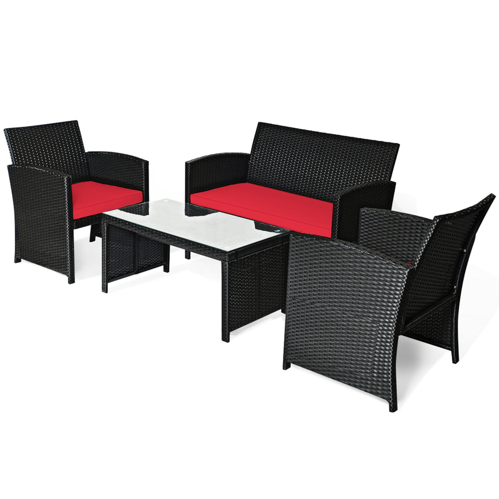 4PCS Rattan Outdoor Conversation Set Patio Furniture Set w/ Red Cushions Image 2