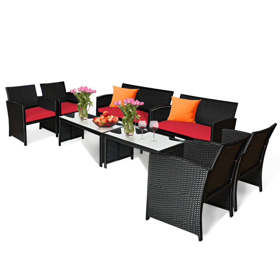 8PCS Rattan Outdoor Conversation Set Patio Furniture Set w/ Red Cushions Image 2