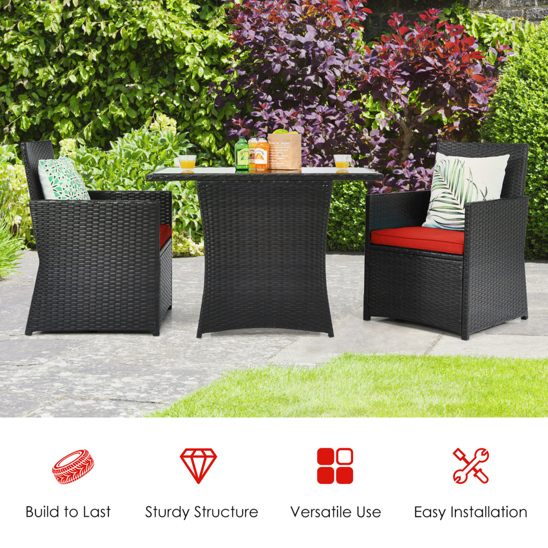 3PCS Patio Wicker Bistro Set PE Rattan Dining Table Set w/ Red Cushions Image 4