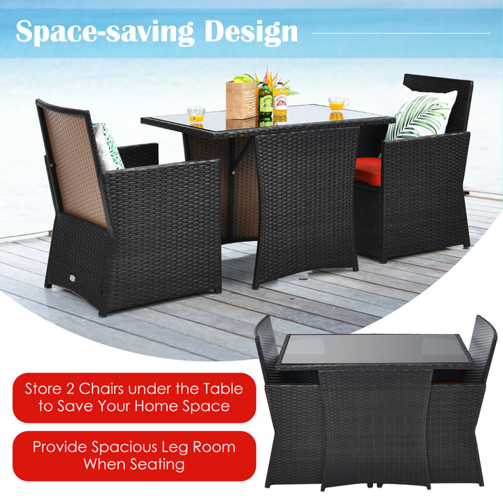 3PCS Patio Wicker Bistro Set PE Rattan Dining Table Set w/ Red Cushions Image 5