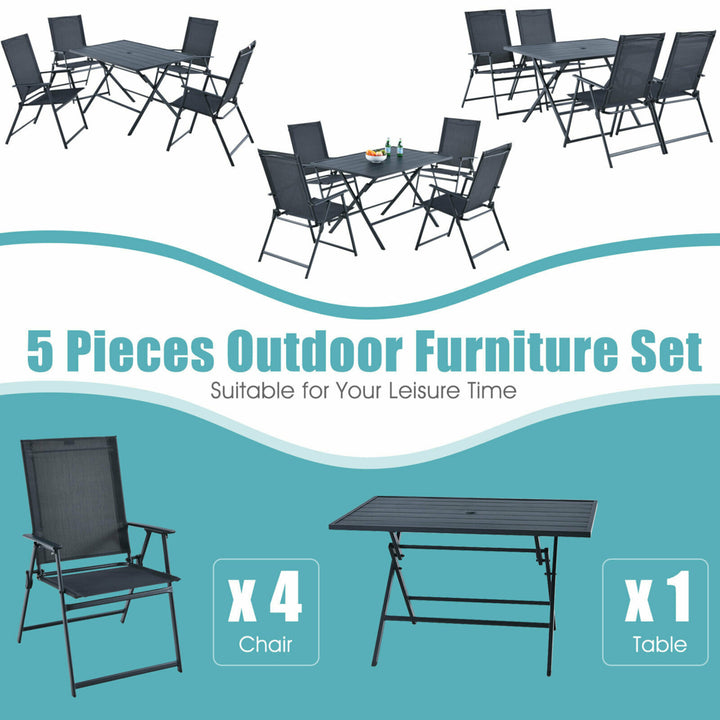 5PCS Patio Folding Table and Chairs Set Outdoor Dining Set w/ Umbrella Hole Image 3