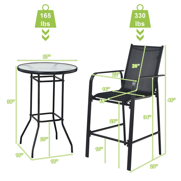 3PCS Patio Bar Set Outdoor Bistro Set w/ 2 Stools and 1 Tempered Glass Table Image 2