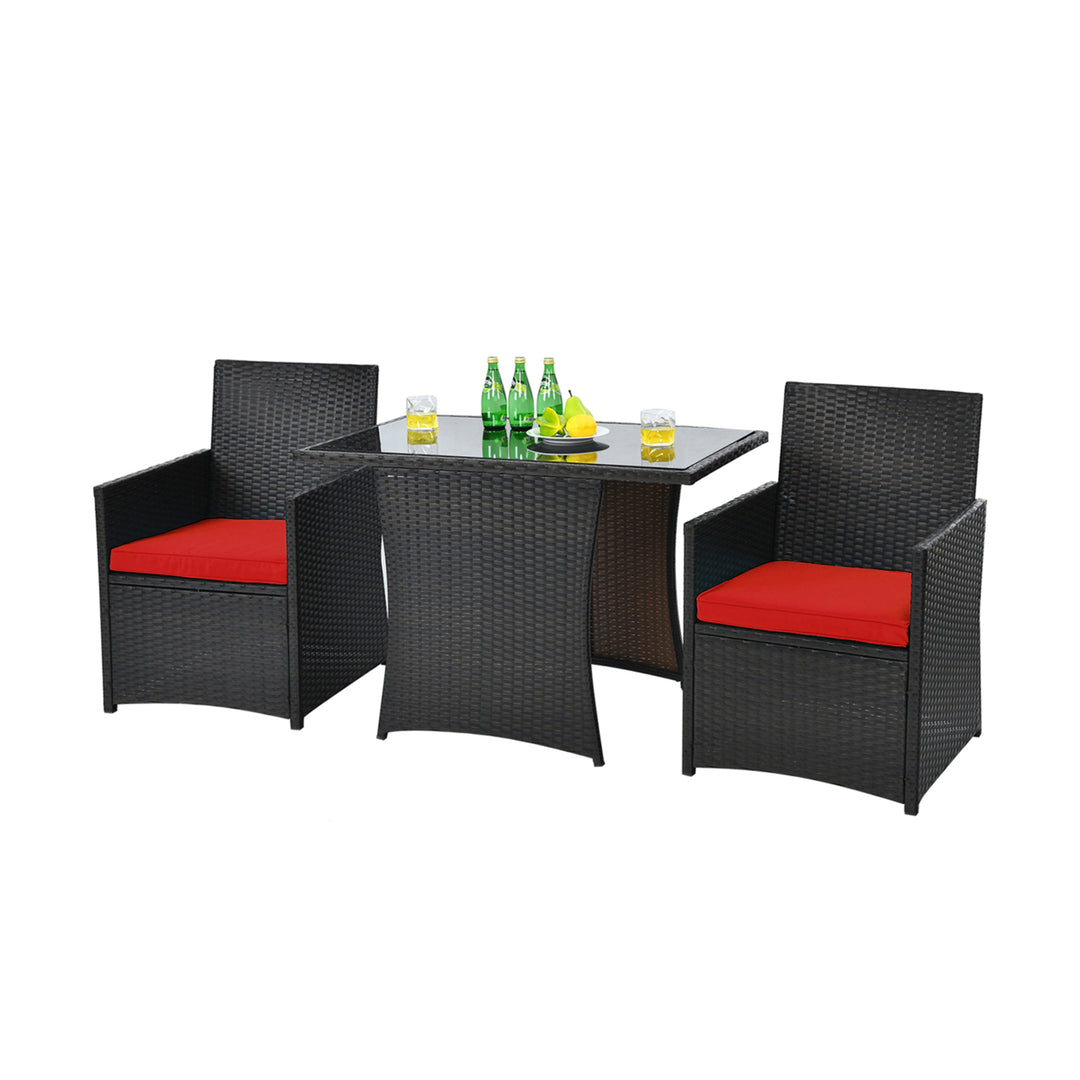 3PCS Patio Wicker Bistro Set PE Rattan Dining Table Set w/ Red Cushions Image 10