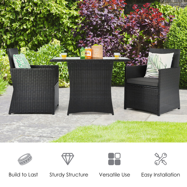 3PCS Patio Wicker Bistro Set PE Rattan Dining Table Set w/ Grey Cushions Image 4