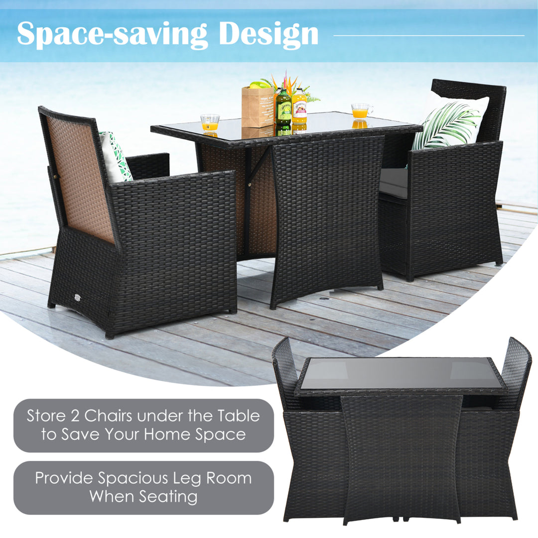 3PCS Patio Wicker Bistro Set PE Rattan Dining Table Set w/ Grey Cushions Image 5