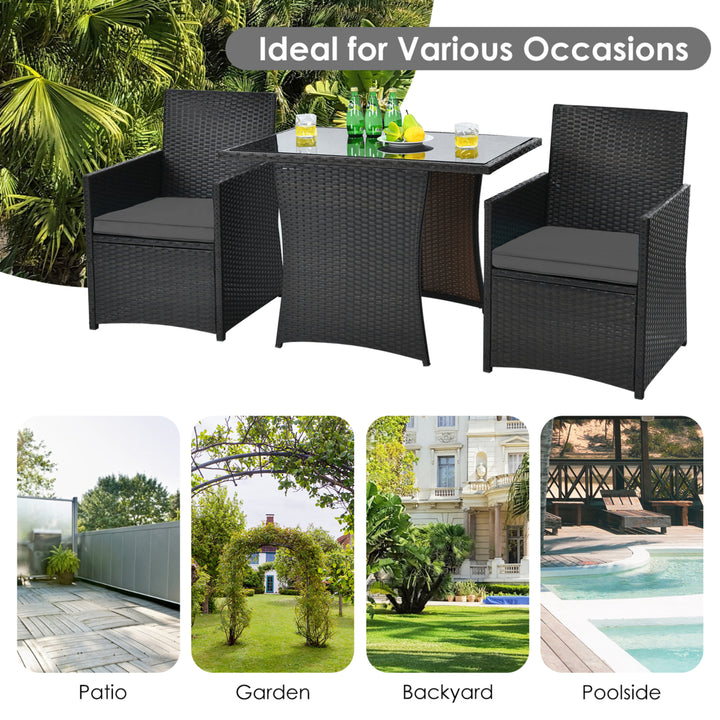 3PCS Patio Wicker Bistro Set PE Rattan Dining Table Set w/ Grey Cushions Image 6