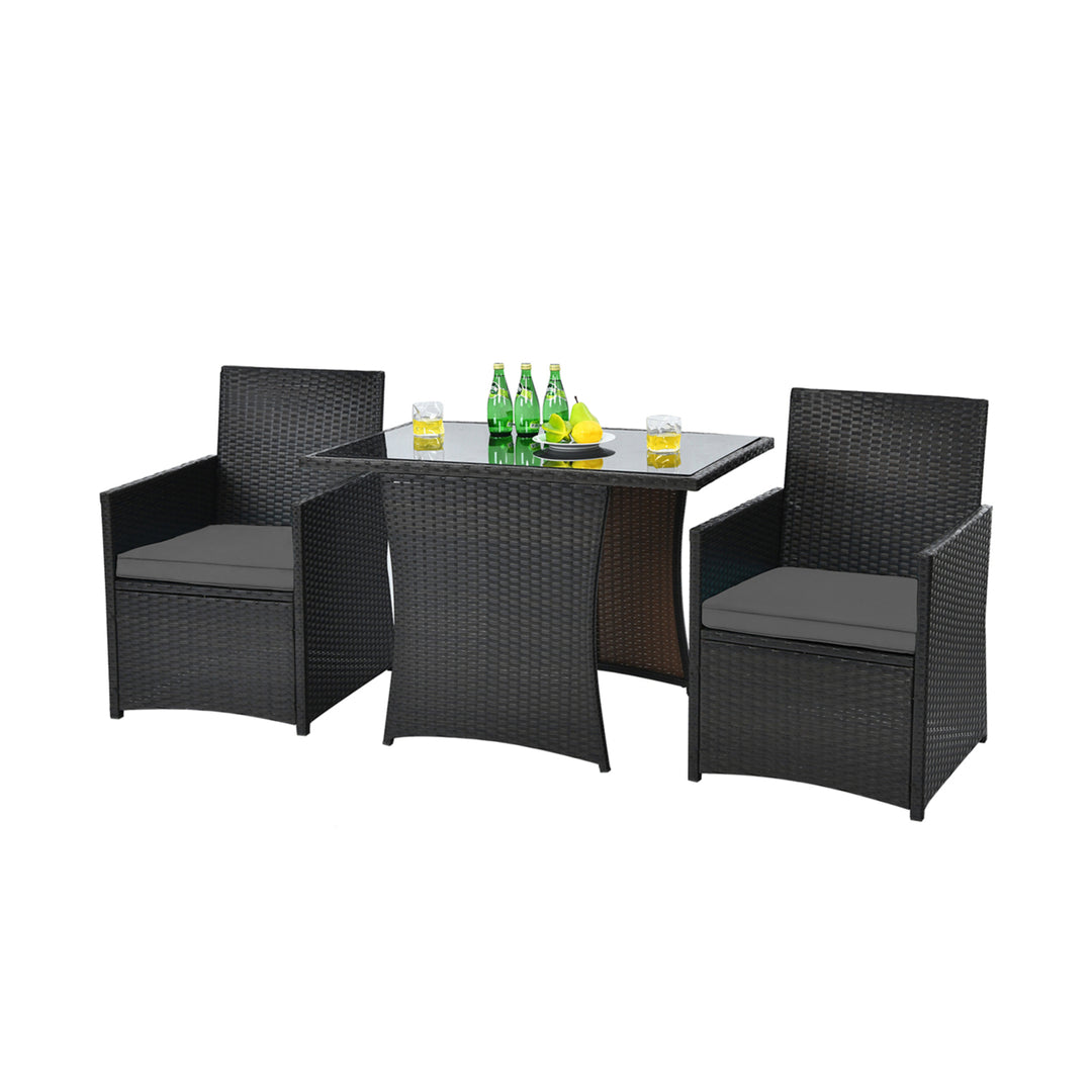 3PCS Patio Wicker Bistro Set PE Rattan Dining Table Set w/ Grey Cushions Image 10