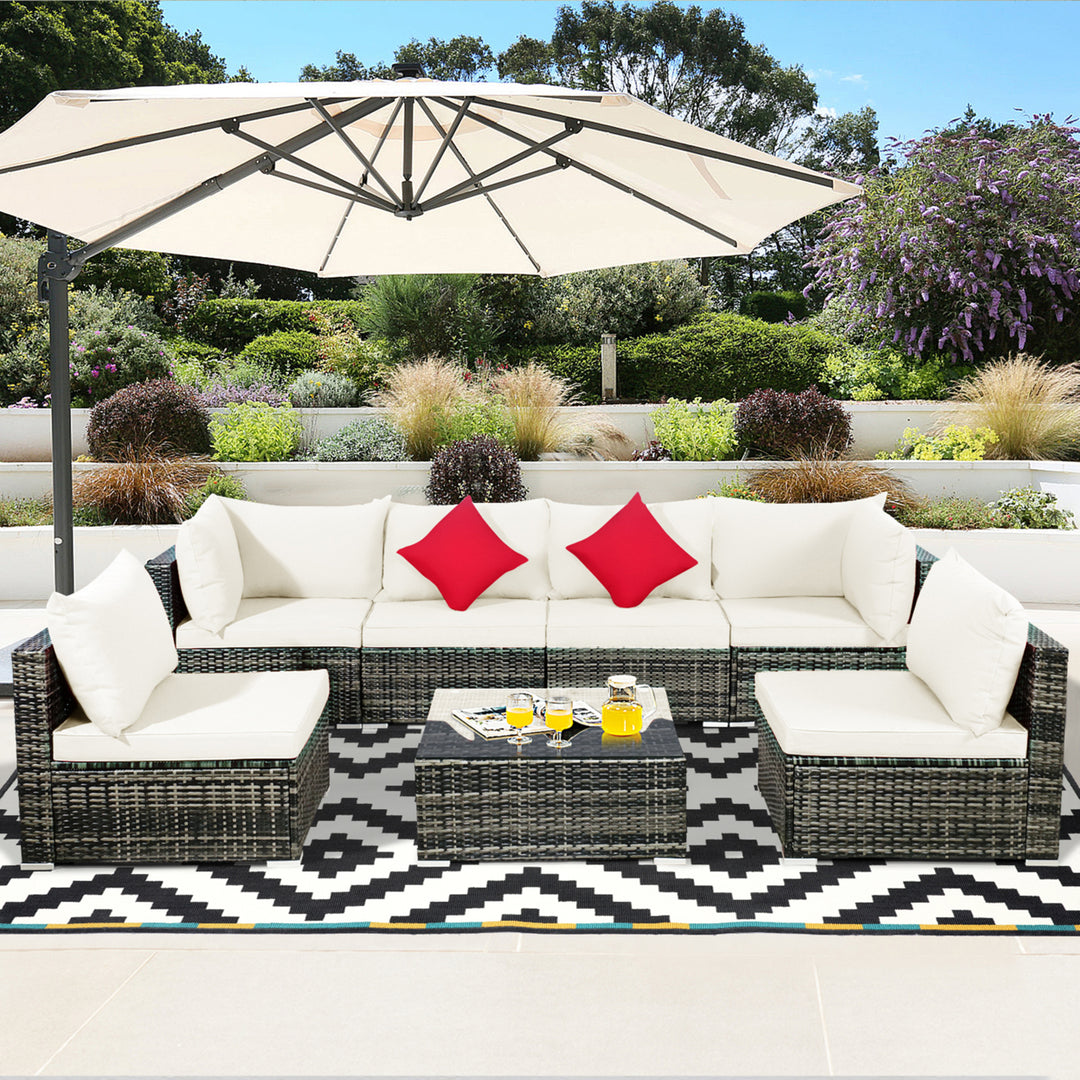 7PCS PE Rattan Patio Sectional Sofa Conversation Set w/ White Cushions Image 10