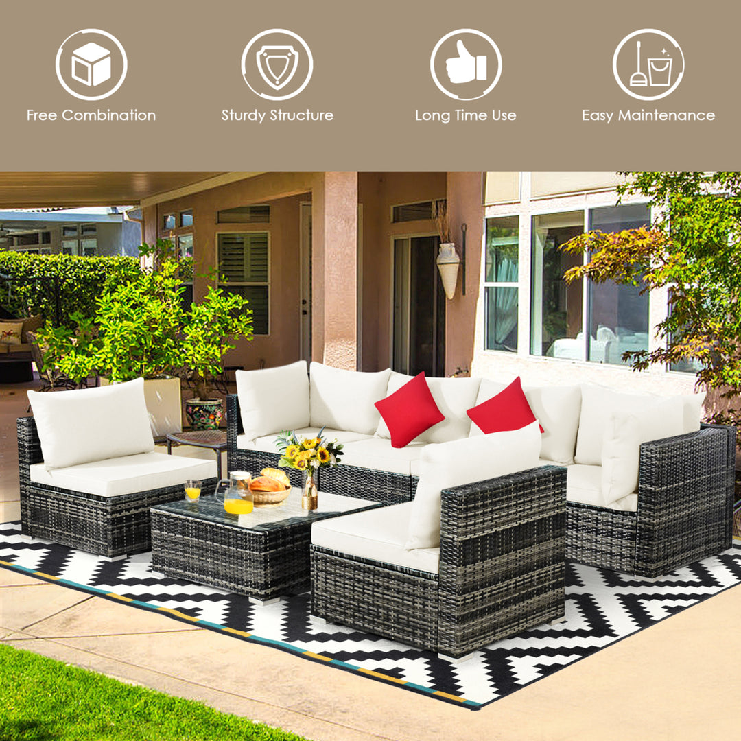 7PCS PE Rattan Patio Sectional Sofa Conversation Set w/ White Cushions Image 4