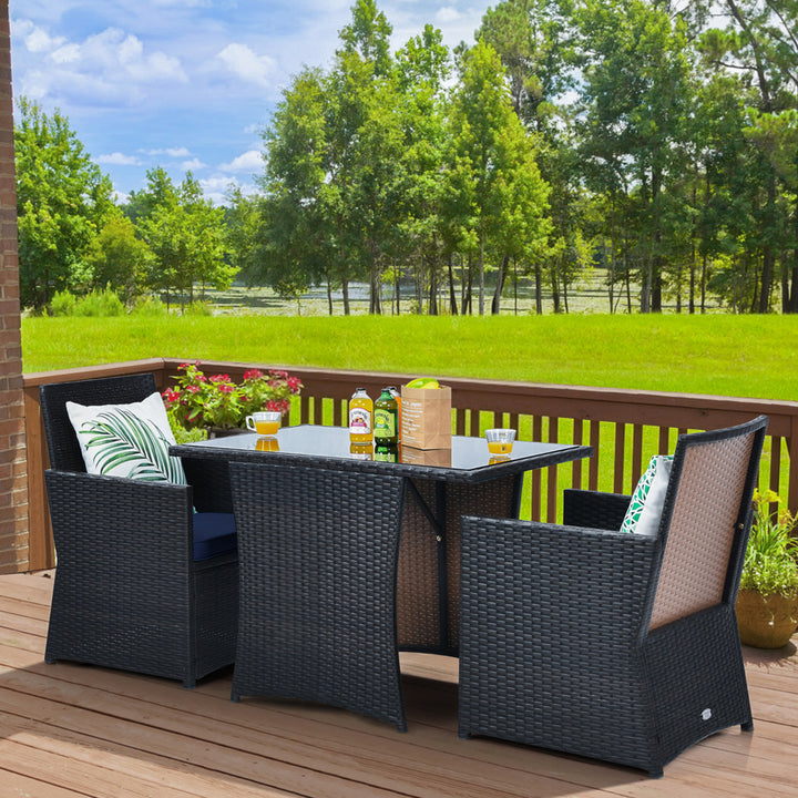 3PCS Patio Wicker Bistro Set PE Rattan Dining Table Set w/ Navy Cushions Image 10