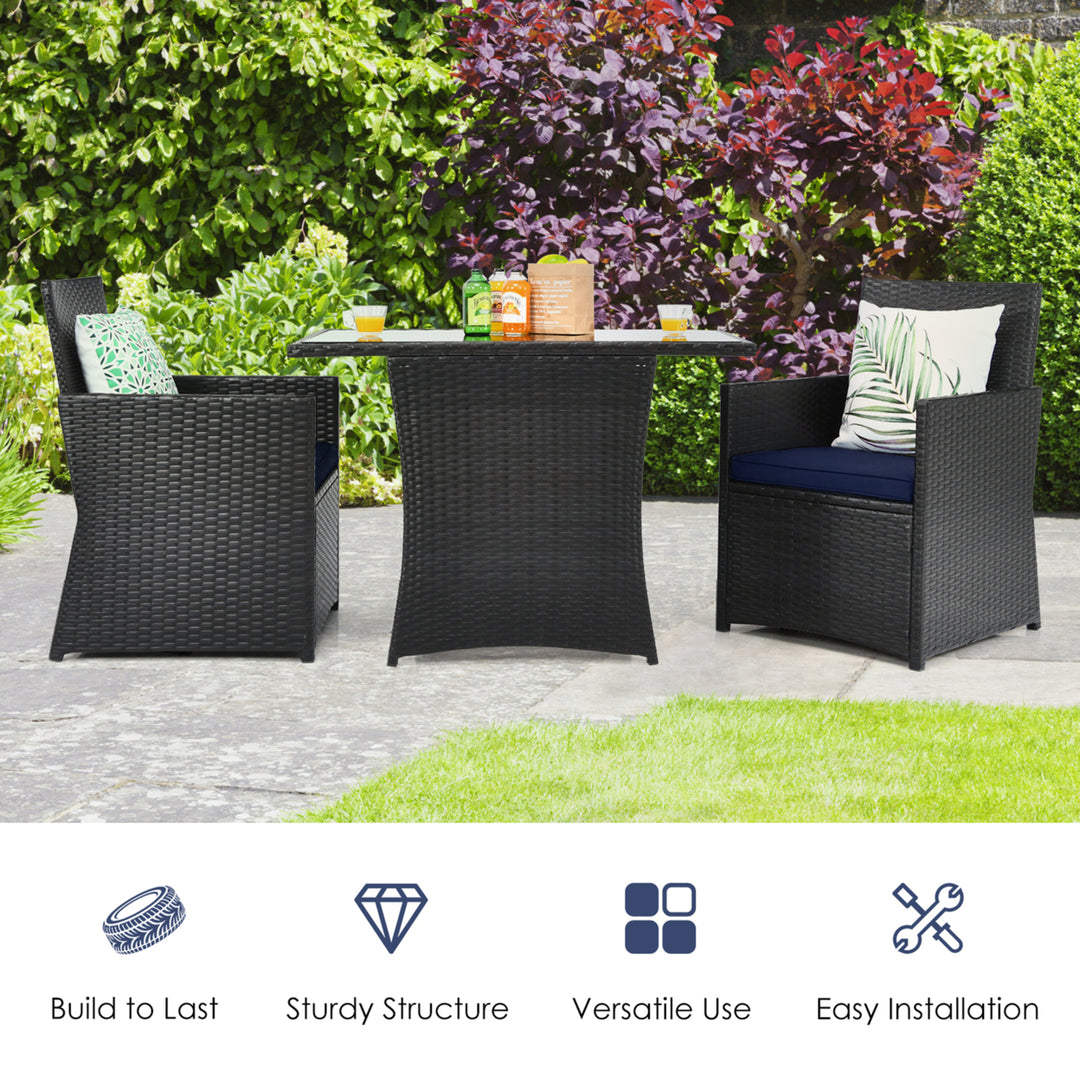 3PCS Patio Wicker Bistro Set PE Rattan Dining Table Set w/ Navy Cushions Image 4