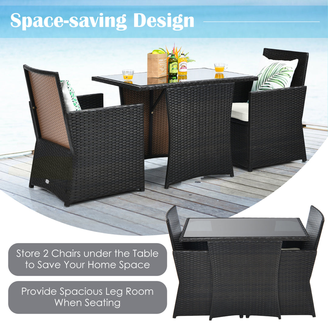 3PCS Patio Wicker Bistro Set PE Rattan Dining Table Set w/ White Cushions Image 5