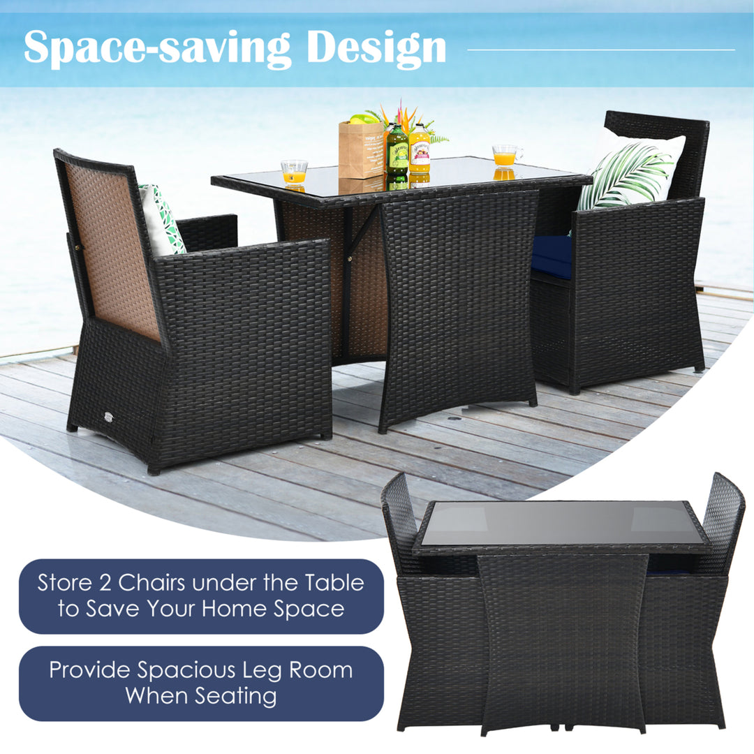 3PCS Patio Wicker Bistro Set PE Rattan Dining Table Set w/ Navy Cushions Image 5