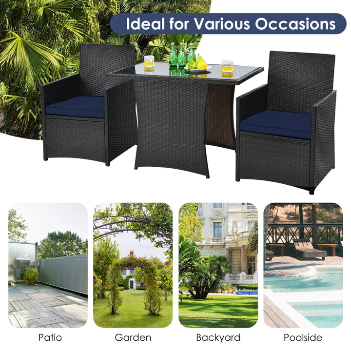 3PCS Patio Wicker Bistro Set PE Rattan Dining Table Set w/ Navy Cushions Image 6