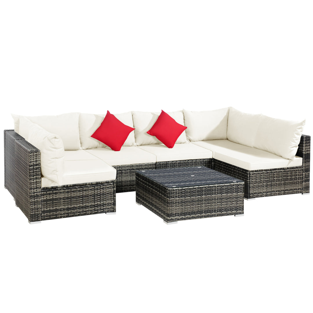 7PCS PE Rattan Patio Sectional Sofa Conversation Set w/ White Cushions Image 2