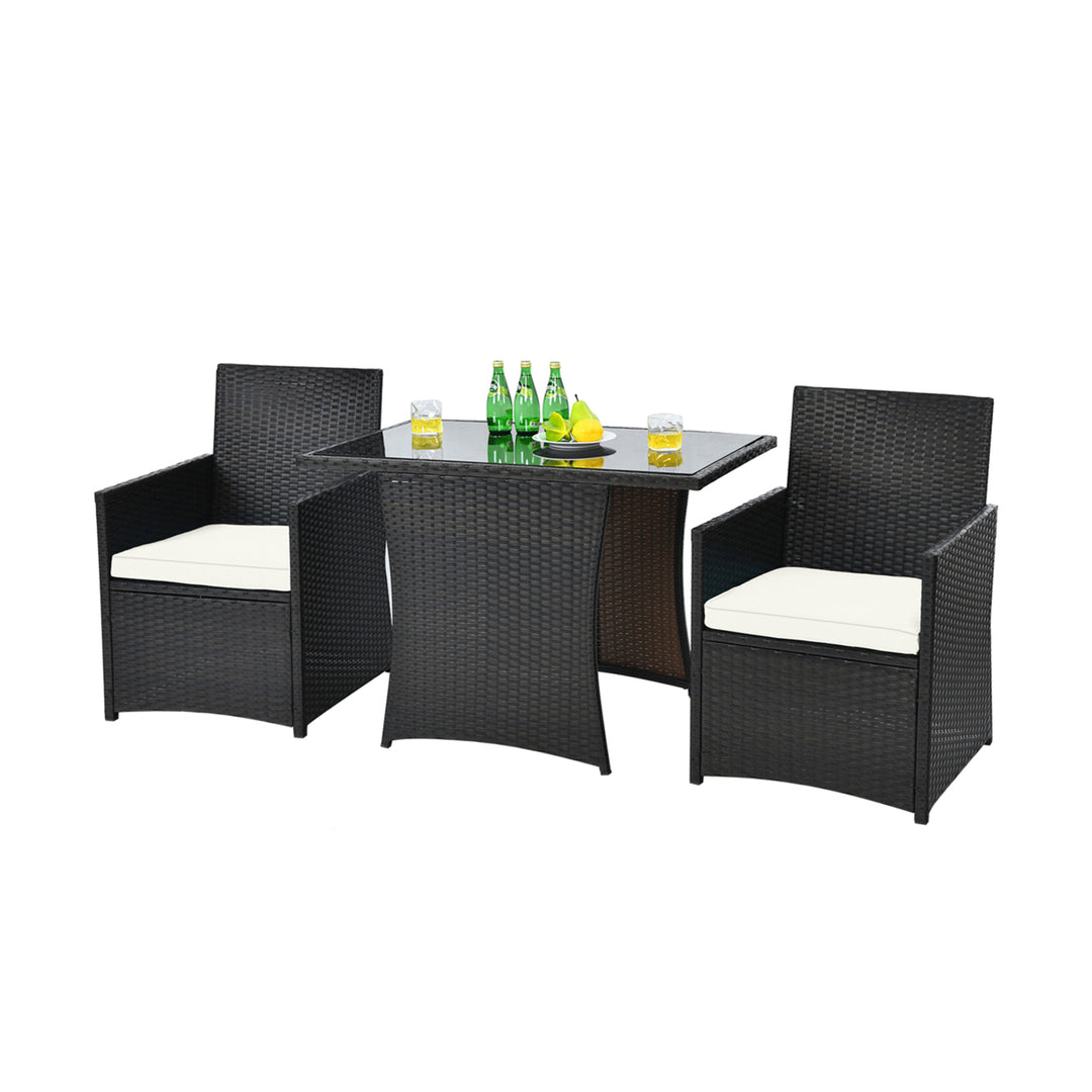 3PCS Patio Wicker Bistro Set PE Rattan Dining Table Set w/ White Cushions Image 10