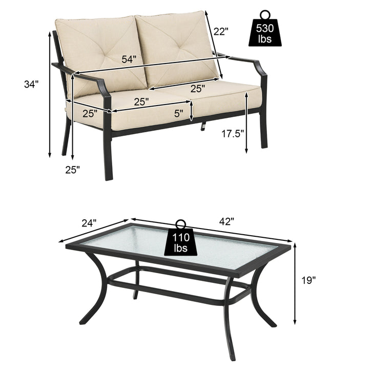 2PCS Outdoor Loveseat Set Cushioned Patio Bench Sofa w/ Coffee Table Image 2