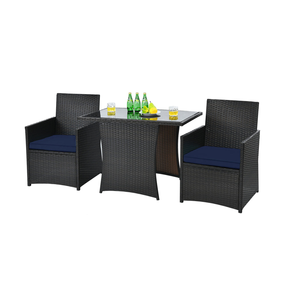 3PCS Patio Wicker Bistro Set PE Rattan Dining Table Set w/ Navy Cushions Image 2