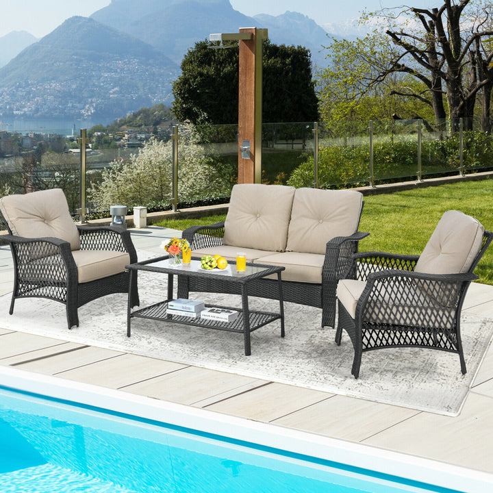 4PCS Cushioned Patio Conversation Set Outdoor Rattan Furniture Set Image 1