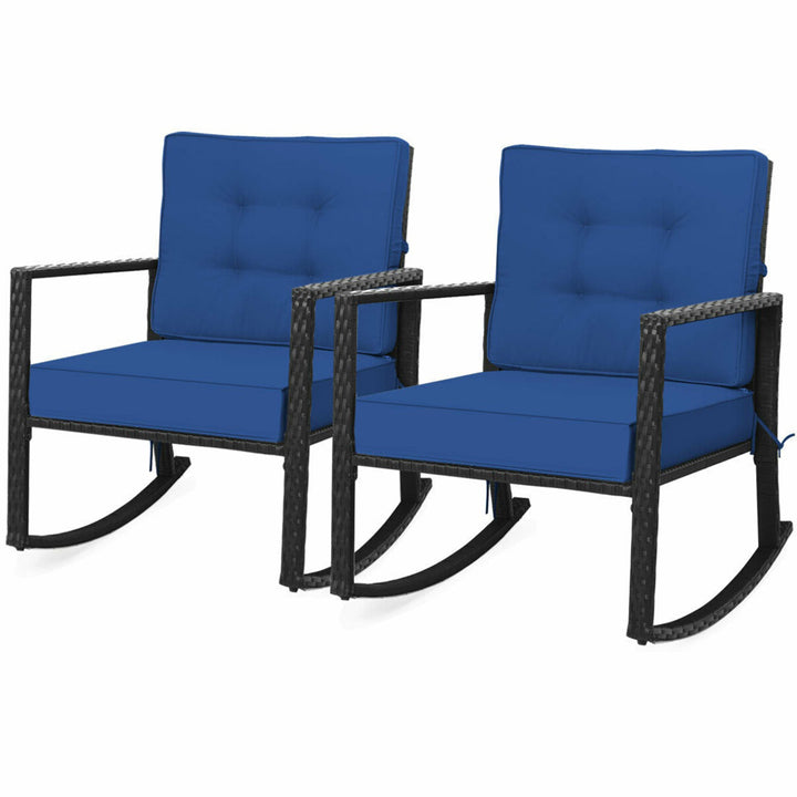 2PCS Outdoor Wicker Rocking Chair Patio Rattan Single Chair Glider w/ Navy Cushion Image 1